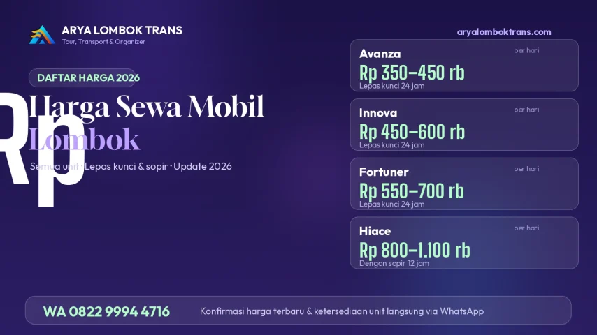 Daftar harga sewa mobil Lombok 2026 dari Arya Lombok Trans: Avanza, Innova, Fortuner, Hiace