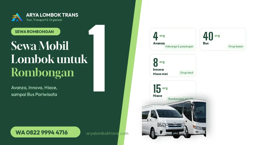 Sewa mobil Lombok untuk rombongan dengan armada Hiace dan bus pariwisata dari Arya Lombok Trans